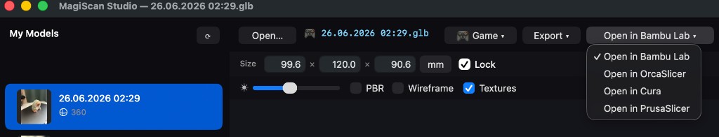MagiScan Studio Open in menu with slicer options